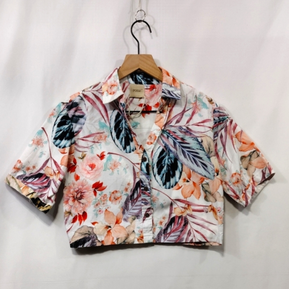 NWOT Poise Floral Cropped Shirt Womens L Boho Retro 90s Y2K Cottagecore Peasant